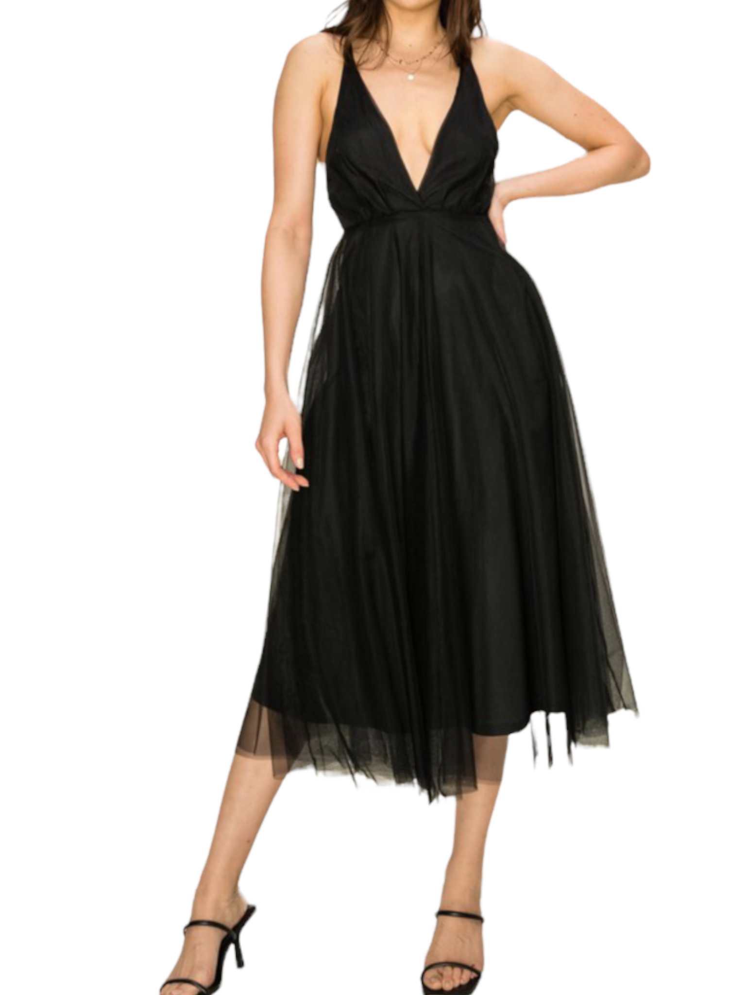 Style tulle hem clearance midi dress in black