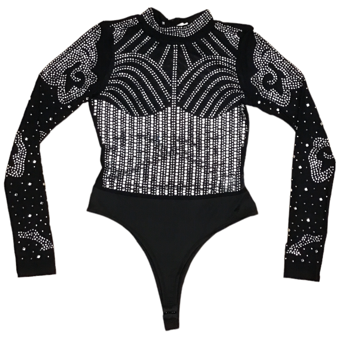 Chasin' Cowboys Long Sleeve Rhinestone Mesh Bodysuit (Black/Silver