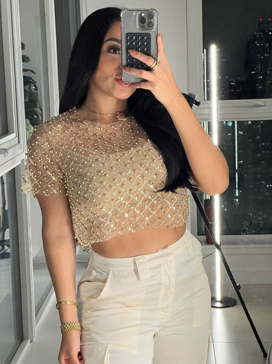 Fashion Cropped Shine with Pearl Mesh Blouse